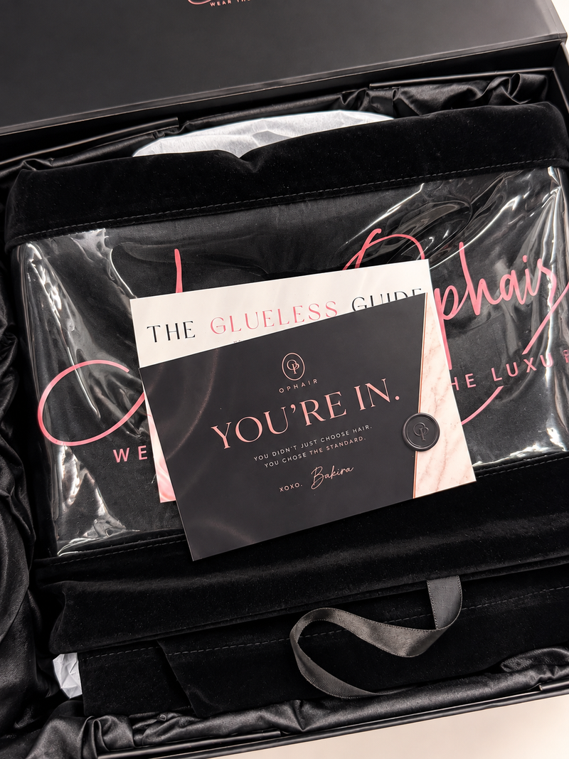 The OPHAIR box, ready to ship with a styled glueless wig inside